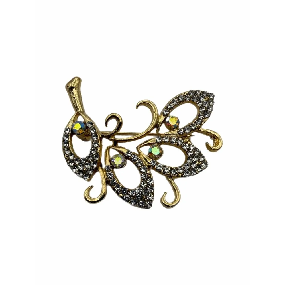 Gold Tone Rhinestone AB Crystal Leaf Brooch Pin Floral Spray Statement